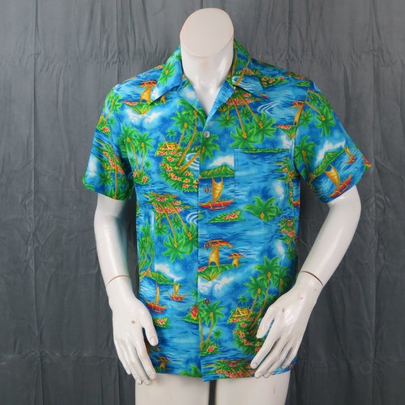 Vintage Hawaiian Aloha Shirt - Island Kon Tiki Pattern Royal Hawaiian - Medium - Picture 1 of 12